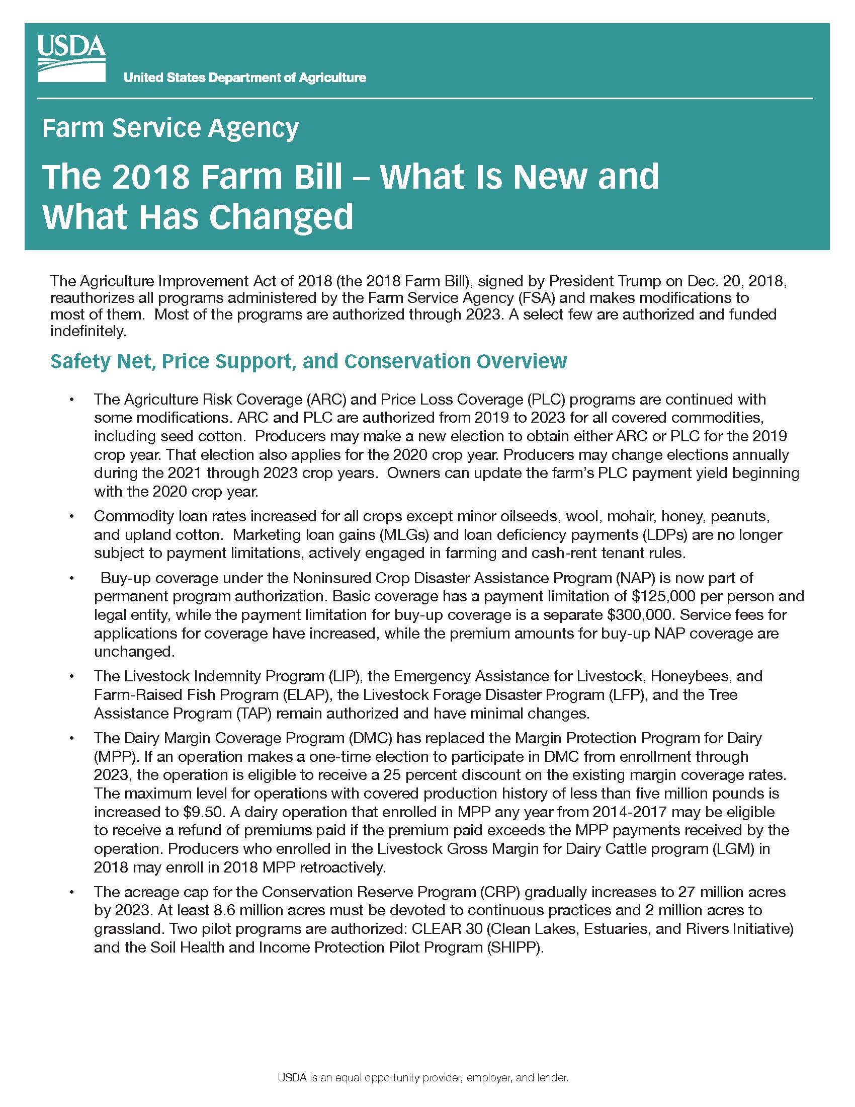 FSA-Farm Bill 2018-What Is New and What Has Changed