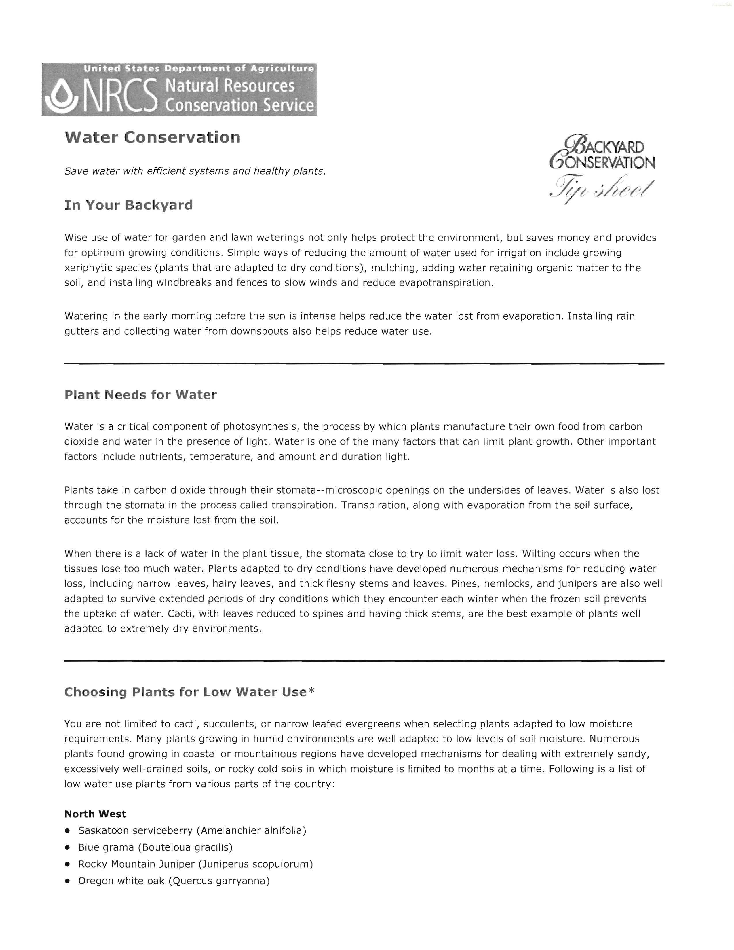Backyard Conservation Water Conservation tip sheet